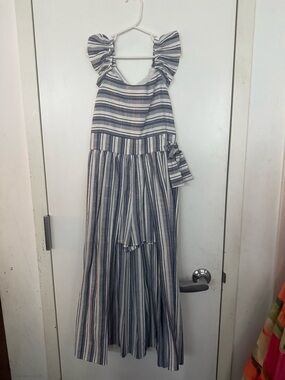 Girls Navy and White Striped Ruffle-Sleeve Maxi walk-thru Dress w/ shorts